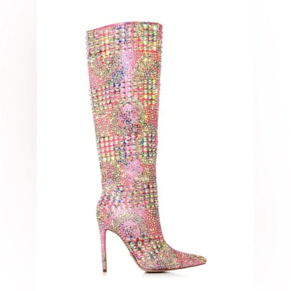 AZALEA WANG Pink Floral Embroidered Brocade Rhinestone Boots
